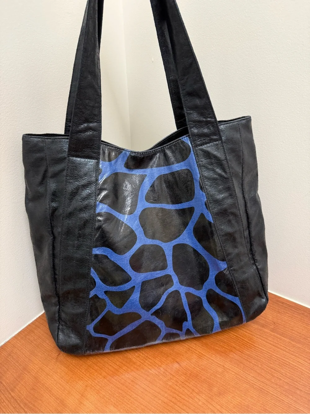 Braciano Black Tote Bag with Blue Pattern NWT